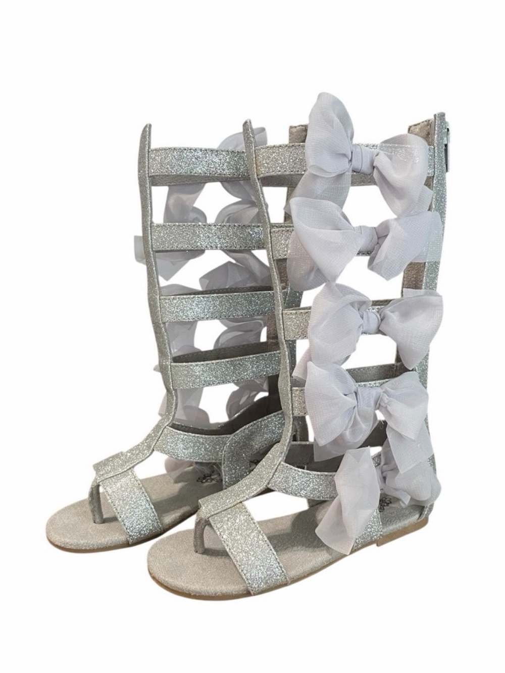 Joyfolie Girls Alexa Silver Glitter Gladiator Sandals with Bows | Size 10